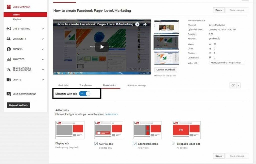 Monetize the video on Youtube Channel