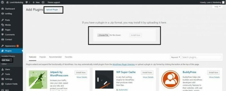 Upload wordpress plugin