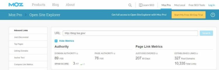 Domain Authority in moz open site explorer