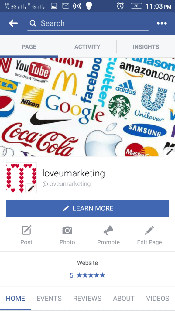 LoveUMarketing facebook page in Smartphone