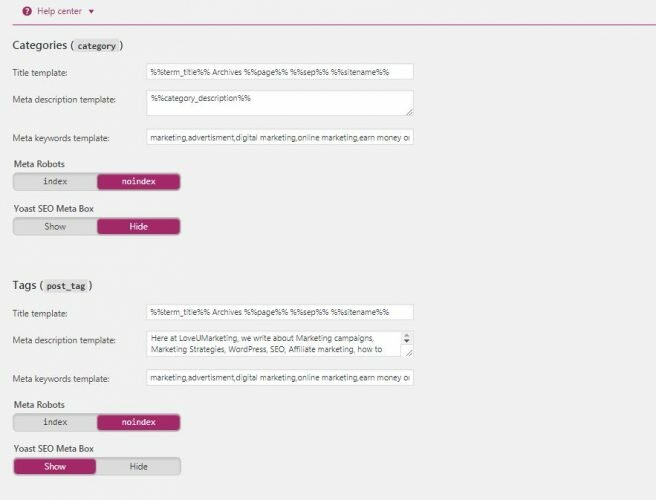 Categories and Tag Setting in Yoast