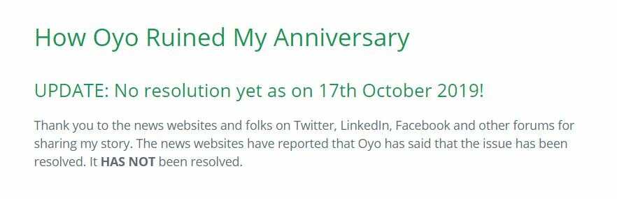 OYO Rooms Updated Problem Resolved Ruined My Anniversary